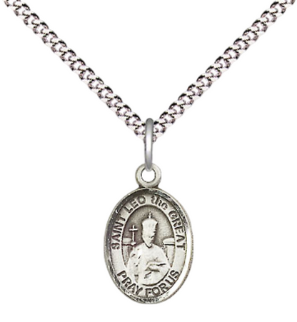 Small Sized Women's Pewter Saint St. Leo the Great Medal Pendant on 18 Inch Rhodium Plated Lite Curb Brass Chain with Lobster Claw Clasp, Catholic Religious Necklace - Made in USA- Velvet Gift Box