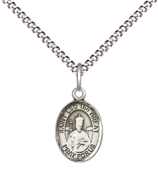 Small Sized Women's Pewter Saint St. Leo the Great Medal Pendant on 18 Inch Rhodium Plated Lite Curb Brass Chain with Lobster Claw Clasp, Catholic Religious Necklace - Made in USA- Velvet Gift Box