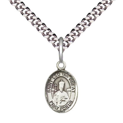 Small Sized Men's .925 Sterling Silver Saint St. Leo the Great Medal Pendant on 24 Inch Endless Rhodium Plated Heavy Curb Brass Chain, Catholic Religious Necklace - Made in USA- Deluxe Velvet Gift Box