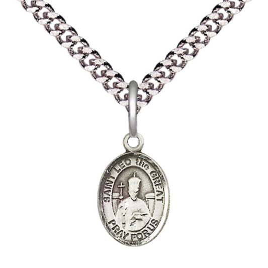 Small Sized Men's .925 Sterling Silver Saint St. Leo the Great Medal Pendant on 24 Inch Endless Rhodium Plated Heavy Curb Brass Chain, Catholic Religious Necklace - Made in USA- Deluxe Velvet Gift Box