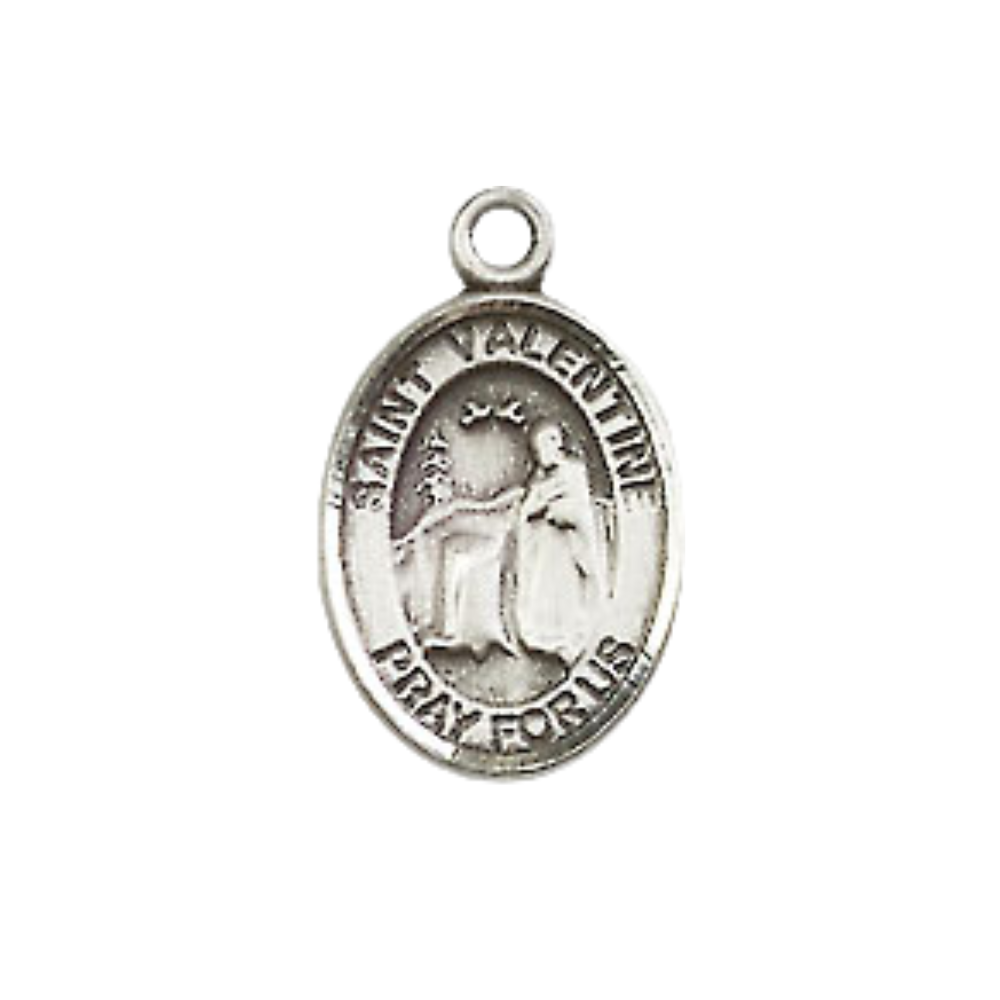 Small Sized Women's Pewter Saint St. Valentine of Rome Medal Pendant on 18 Inch Rhodium Plated Lite Curb Brass Chain with Lobster Claw Clasp, Catholic Religious Necklace - Made in USA- Velvet Gift Box