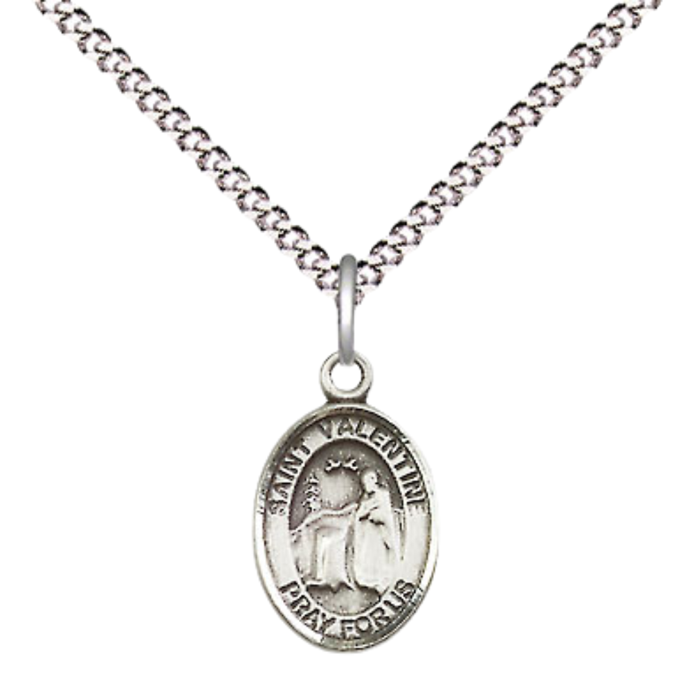 Small Sized Women's .925 Sterling Silver Saint St. Valentine of Rome Medal Pendant on 18 Inch Rhodium Plated Lite Curb Brass Chain w/ Lobster Claw Clasp, Catholic Religious Necklace - Made in USA- Velvet Gift Box