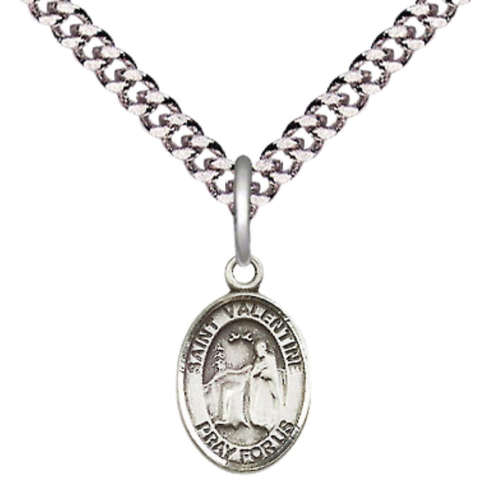 Small Sized Men's Pewter Saint St. Valentine of Rome Medal Pendant on 24 Inch Endless Rhodium Plated Heavy Curb Brass Chain, Catholic Religious Necklace - Made in USA- Deluxe Velvet Gift Box