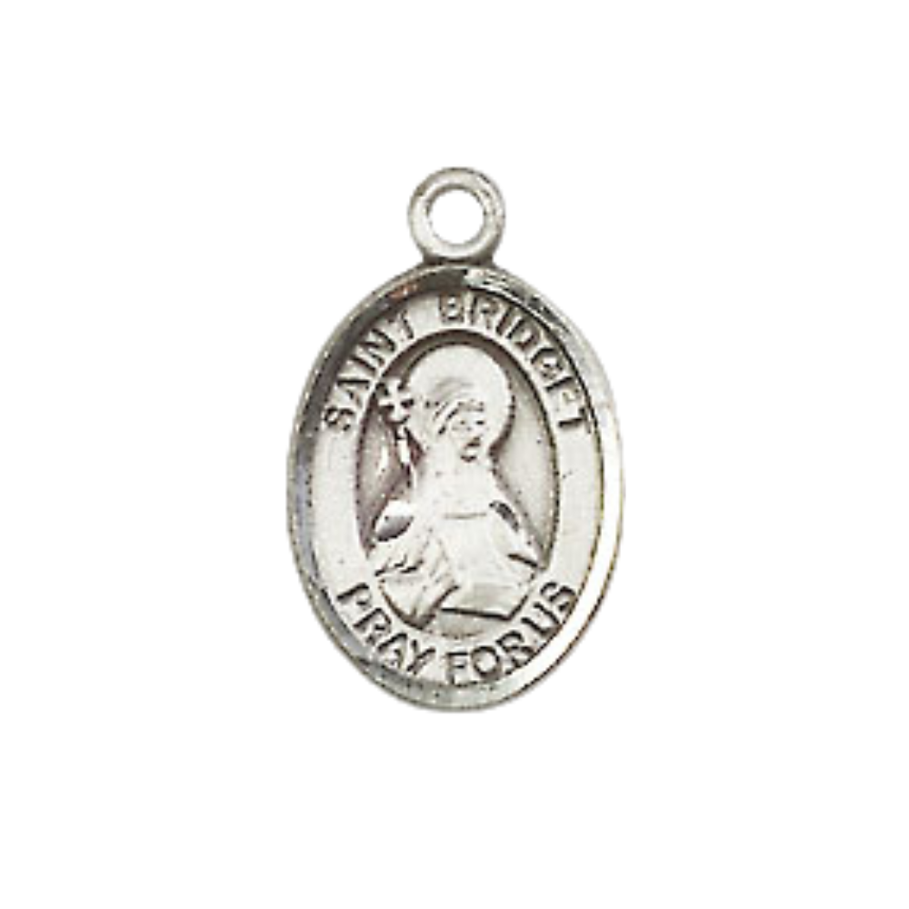 Small Sized Women's Pewter Saint St. Bridget of Sweden Medal Pendant on 18 Inch Rhodium Plated Lite Curb Brass Chain with Lobster Claw Clasp, Catholic Religious Necklace - Made in USA- Velvet Gift Box