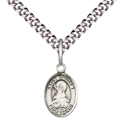 Small Sized Men's .925 Sterling Silver Saint St. Bridget of Sweden Medal Pendant on 24 Inch Endless Rhodium Plated Heavy Curb Brass Chain, Catholic Religious Necklace - Made in USA- Deluxe Velvet Gift Box