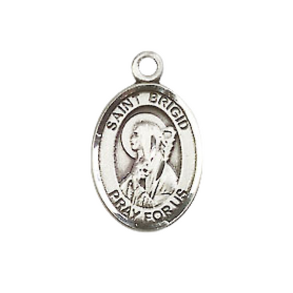 Small Sized Women's Pewter Saint St. Brigid of Ireland Medal Pendant on 18 Inch Rhodium Plated Lite Curb Brass Chain with Lobster Claw Clasp, Catholic Religious Necklace - Made in USA- Velvet Gift Box