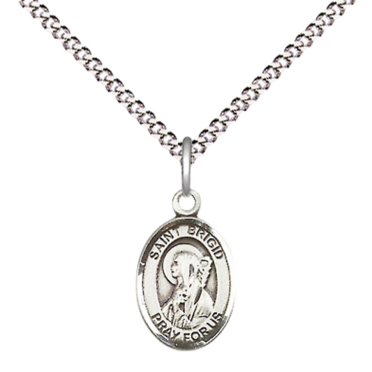Small Sized Women's Pewter Saint St. Brigid of Ireland Medal Pendant on 18 Inch Rhodium Plated Lite Curb Brass Chain with Lobster Claw Clasp, Catholic Religious Necklace - Made in USA- Velvet Gift Box