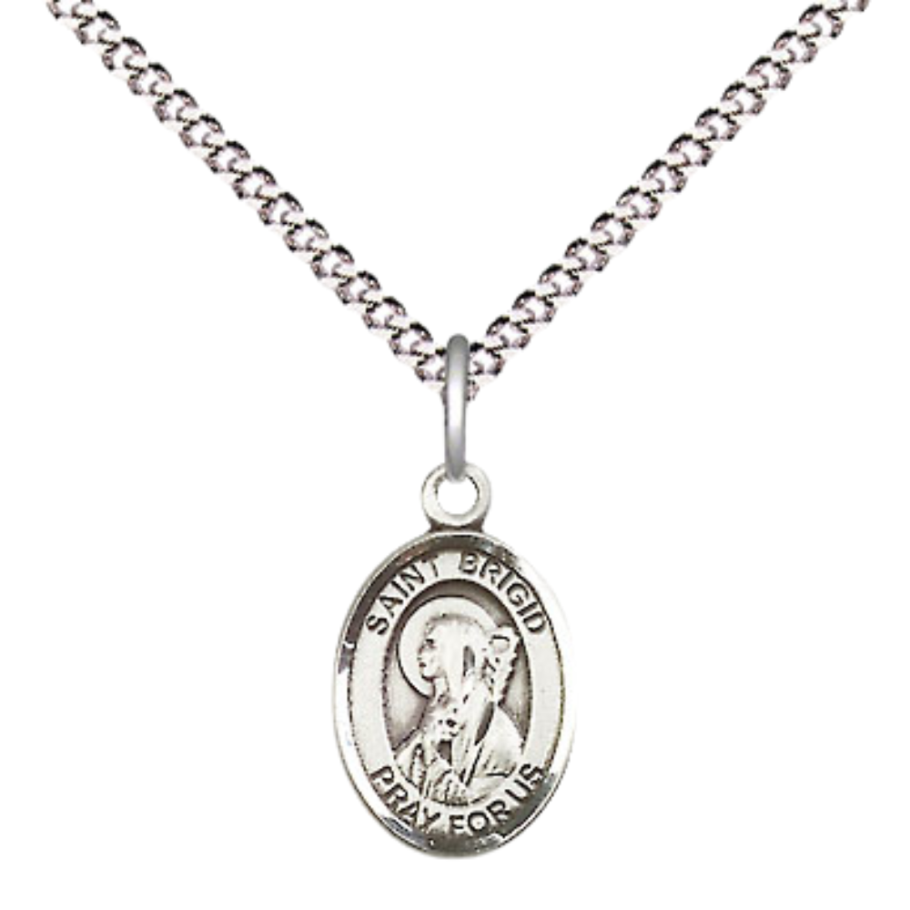 Small Sized Women's .925 Sterling Silver Saint St. Brigid of Ireland Medal Pendant on 18 Inch Rhodium Plated Lite Curb Brass Chain with Lobster Claw Clasp, Catholic Religious Necklace - Made in USA- Velvet Gift Box