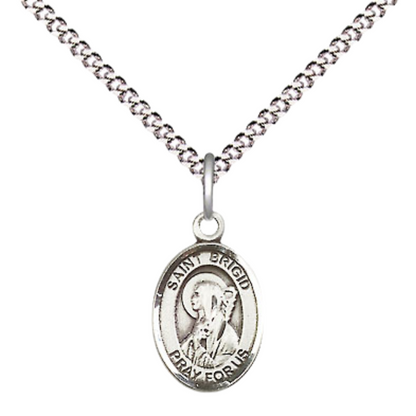 Small Sized Women's .925 Sterling Silver Saint St. Brigid of Ireland Medal Pendant on 18 Inch Rhodium Plated Lite Curb Brass Chain with Lobster Claw Clasp, Catholic Religious Necklace - Made in USA- Velvet Gift Box