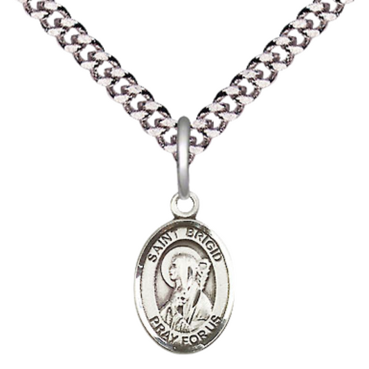 Small Sized Men's Pewter Saint St. Brigid of Ireland Medal Pendant on 24 Inch Endless Rhodium Plated Heavy Curb Brass Chain, Catholic Religious Necklace - Made in USA- Deluxe Velvet Gift Box