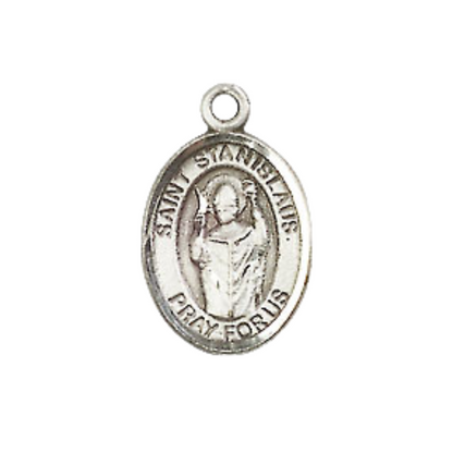 Small Sized Women's Pewter Saint St.anislaus Medal Pendant on 18 Inch Rhodium Plated Lite Curb Brass Chain with Lobster Claw Clasp, Catholic Religious Necklace - Made in USA- Velvet Gift Box