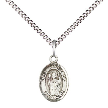 Small Sized Women's Pewter Saint St.anislaus Medal Pendant on 18 Inch Rhodium Plated Lite Curb Brass Chain with Lobster Claw Clasp, Catholic Religious Necklace - Made in USA- Velvet Gift Box