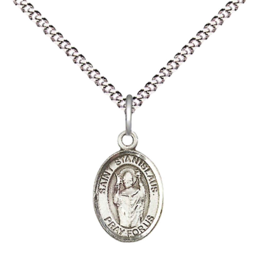 Small Sized Women's .925 Sterling Silver Saint St.anislaus Medal Pendant on 18 Inch Rhodium Plated Lite Curb Brass Chain with Lobster Claw Clasp, Catholic Religious Necklace - Made in USA- Velvet Gift Box