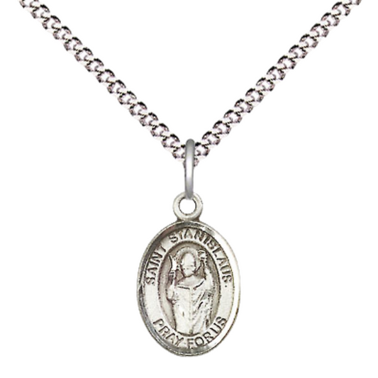 Small Sized Women's .925 Sterling Silver Saint St.anislaus Medal Pendant on 18 Inch Rhodium Plated Lite Curb Brass Chain with Lobster Claw Clasp, Catholic Religious Necklace - Made in USA- Velvet Gift Box