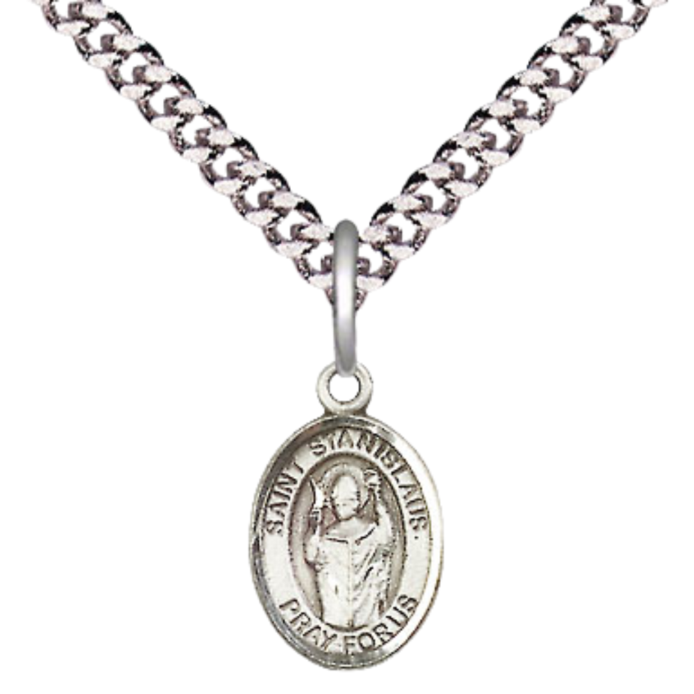 Small Sized Men's .925 Sterling Silver Saint St. anislaus Medal Pendant on 24 Inch Endless Rhodium Plated Heavy Curb Brass Chain, Catholic Religious Necklace - Made in USA- Deluxe Velvet Gift Box