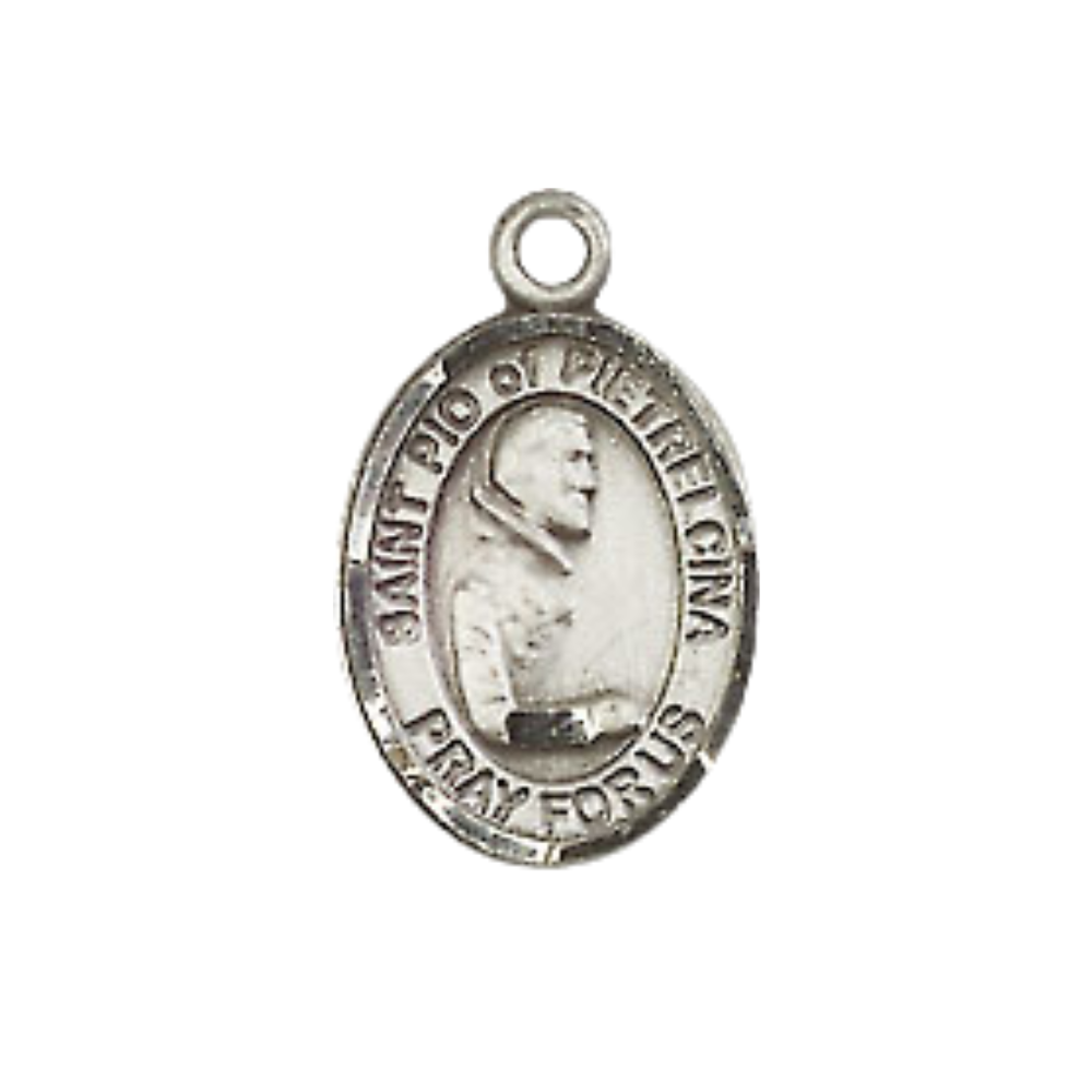 Small Sized Women's .925 Sterling Silver Saint St. Pio of Pietrelcina Medal Pendant on 18 Inch Rhodium Plated Lite Curb Brass Chain w/ Lobster Claw Clasp, Catholic Religious Necklace - Made in USA- Velvet Gift Box