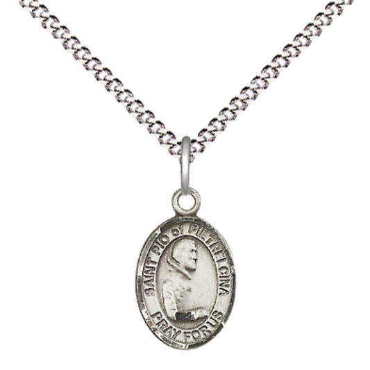 Small Sized Women's Pewter Saint Pio of Pietrelcina Medal Pendant on 18 Inch Rhodium Plated Lite Curb Brass Chain with Lobster Claw Clasp, Catholic Religious Necklace - Made in USA- Velvet Gift Box