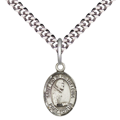 Small Sized Men's Pewter Saint St. Pio of Pietrelcina Medal Pendant on 24 Inch Endless Rhodium Plated Heavy Curb Brass Chain, Catholic Religious Necklace - Made in USA- Deluxe Velvet Gift Box