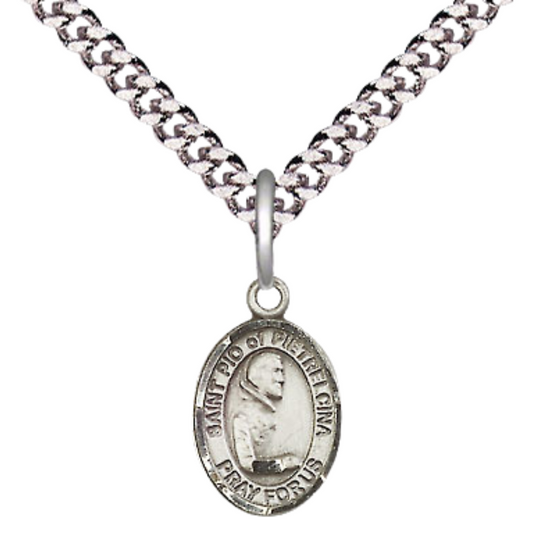 Small Sized Men's Pewter Saint St. Pio of Pietrelcina Medal Pendant on 24 Inch Endless Rhodium Plated Heavy Curb Brass Chain, Catholic Religious Necklace - Made in USA- Deluxe Velvet Gift Box