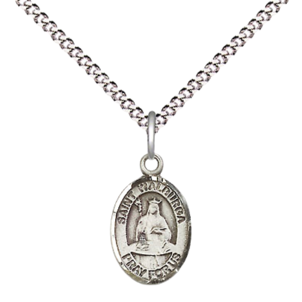 Small Sized Women's Pewter Saint St. Walburga Medal Pendant on 18 Inch Rhodium Plated Lite Curb Brass Chain with Lobster Claw Clasp, Catholic Religious Necklace - Made in USA- Velvet Gift Box