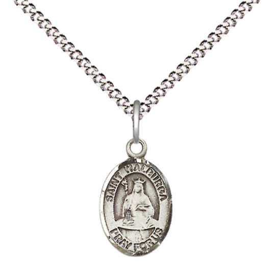 Small Sized Women's Pewter Saint St. Walburga Medal Pendant on 18 Inch Rhodium Plated Lite Curb Brass Chain with Lobster Claw Clasp, Catholic Religious Necklace - Made in USA- Velvet Gift Box