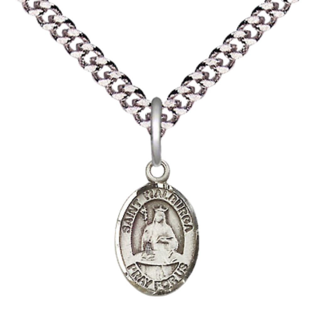 Small Sized Men's .925 Sterling Silver Saint St. Walburga Medal Pendant on 24 Inch Endless Rhodium Plated Heavy Curb Brass Chain, Catholic Religious Necklace - Made in USA- Deluxe Velvet Gift Box