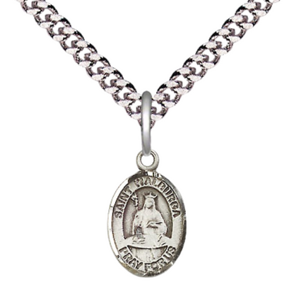 Small Sized Men's Pewter Saint St. Walburga Medal Pendant on 24 Inch Endless Rhodium Plated Heavy Curb Brass Chain, Catholic Religious Necklace - Made in USA- Deluxe Velvet Gift Box