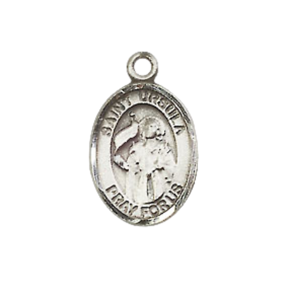 Small Sized Women's Pewter Saint St. Ursula Medal Pendant on 18 Inch Rhodium Plated Lite Curb Brass Chain with Lobster Claw Clasp, Catholic Religious Necklace - Made in USA- Velvet Gift Box