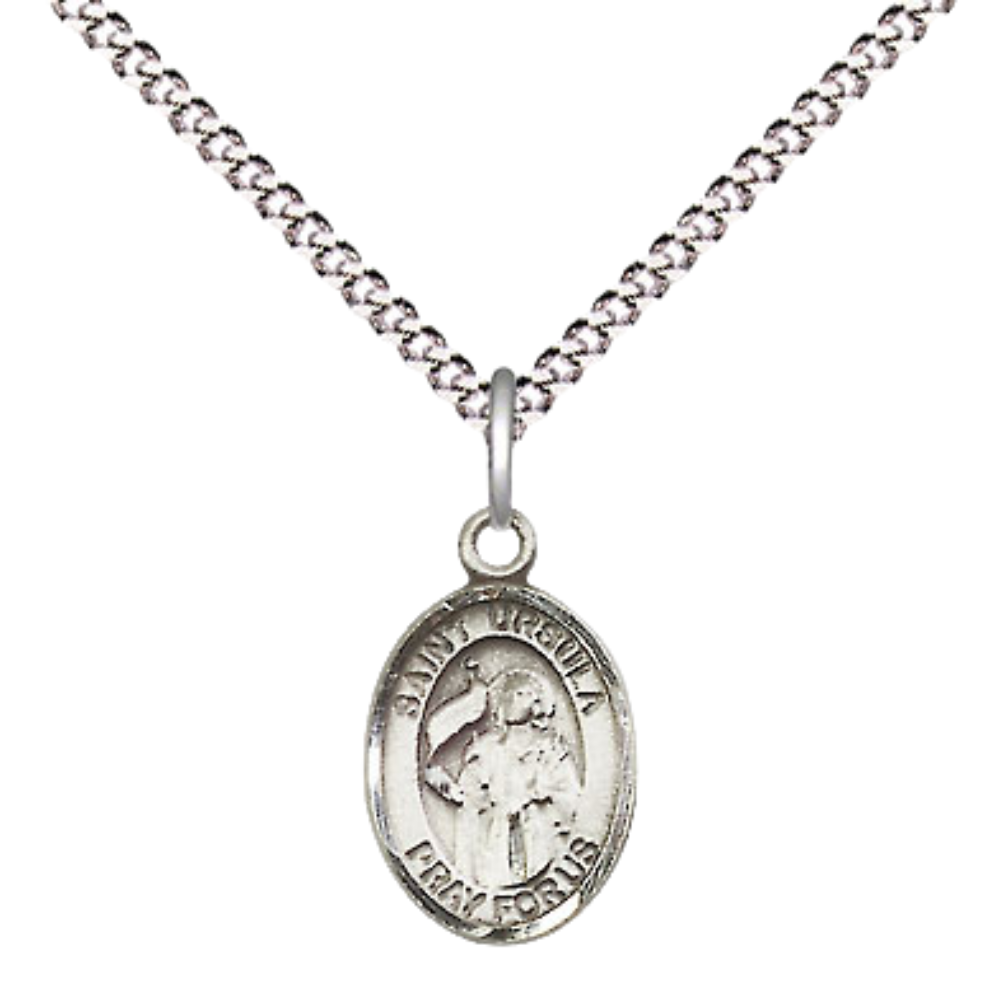 Small Sized Women's Pewter Saint St. Ursula Medal Pendant on 18 Inch Rhodium Plated Lite Curb Brass Chain with Lobster Claw Clasp, Catholic Religious Necklace - Made in USA- Velvet Gift Box