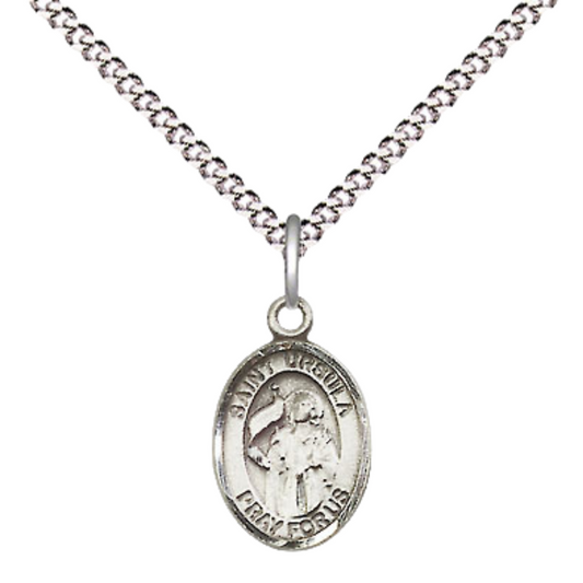 Small Sized Women's Pewter Saint St. Ursula Medal Pendant on 18 Inch Rhodium Plated Lite Curb Brass Chain with Lobster Claw Clasp, Catholic Religious Necklace - Made in USA- Velvet Gift Box