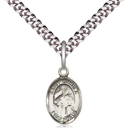 Small Sized Men's .925 Sterling Silver Saint St. Ursula Medal Pendant on 24 Inch Endless Rhodium Plated Heavy Curb Brass Chain, Catholic Religious Necklace - Made in USA- Deluxe Velvet Gift Box
