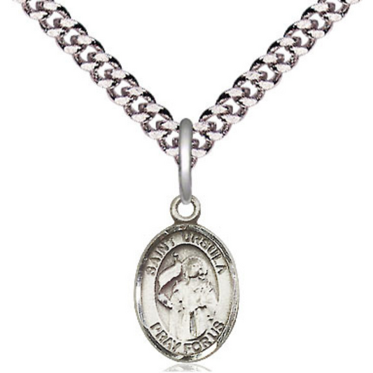 Small Sized Men's .925 Sterling Silver Saint St. Ursula Medal Pendant on 24 Inch Endless Rhodium Plated Heavy Curb Brass Chain, Catholic Religious Necklace - Made in USA- Deluxe Velvet Gift Box