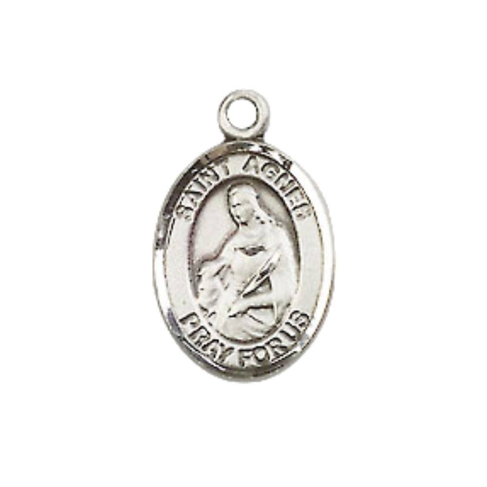 Small Sized Women's .925 Sterling Silver Saint St. Agnes of Rome Medal Pendant on 18 Inch Rhodium Plated Lite Curb Brass Chain with Lobster Claw Clasp, Catholic Religious Necklace - Made in USA- Velvet Gift Box