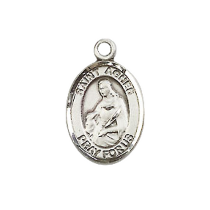 Small Sized Pewter Saint St. Agnes of Rome Medal Pendant on 18 Inch Rhodium Plated Lite Curb Brass Chain with Lobster Claw Clasp, Catholic Religious Necklace - Made in USA- Velvet Gift Box