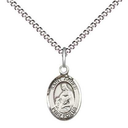 Small Sized Women's .925 Sterling Silver Saint St. Agnes of Rome Medal Pendant on 18 Inch Rhodium Plated Lite Curb Brass Chain with Lobster Claw Clasp, Catholic Religious Necklace - Made in USA- Velvet Gift Box