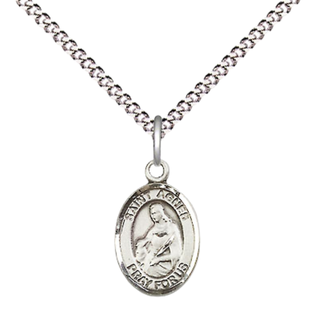 Small Sized Pewter Saint St. Agnes of Rome Medal Pendant on 18 Inch Rhodium Plated Lite Curb Brass Chain with Lobster Claw Clasp, Catholic Religious Necklace - Made in USA- Velvet Gift Box