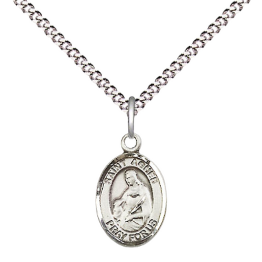 Small Sized Pewter Saint St. Agnes of Rome Medal Pendant on 18 Inch Rhodium Plated Lite Curb Brass Chain with Lobster Claw Clasp, Catholic Religious Necklace - Made in USA- Velvet Gift Box