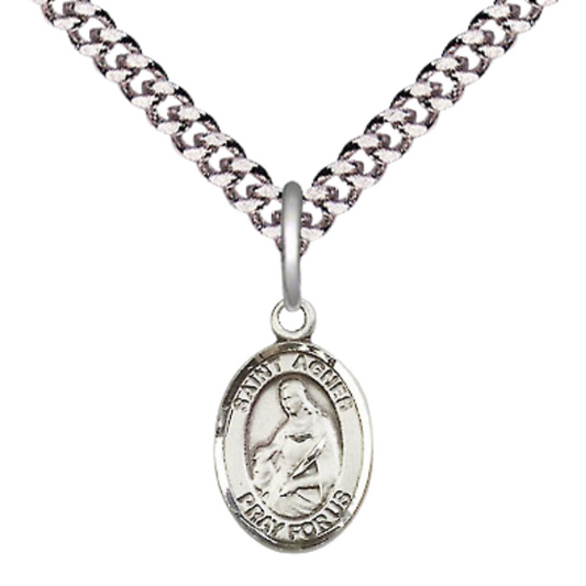 Small Sized Men's Pewter Saint St. Agnes of Rome Medal Pendant on 24 Inch Endless Rhodium Plated Heavy Curb Brass Chain, Catholic Religious Necklace - Made in USA- Deluxe Velvet Gift Box