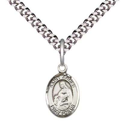 Small Sized Men's Pewter Saint St. Agnes of Rome Medal Pendant on 24 Inch Endless Rhodium Plated Heavy Curb Brass Chain, Catholic Religious Necklace - Made in USA- Deluxe Velvet Gift Box
