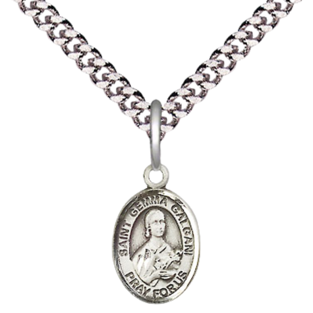 Small Sized Men's Pewter Saint St. Gemma Galgani Medal Pendant on 24 Inch Endless Rhodium Plated Heavy Curb Brass Chain, Catholic Religious Necklace - Made in USA- Deluxe Velvet Gift Box