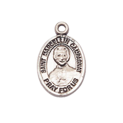Small Sized Women's .925 Sterling Silver Saint St. Marcellin Champagnat Medal Pendant on 18 Inch Rhodium Plated Lite Curb Brass Chain w/ Lobster Claw Clasp, Catholic Religious Necklace - Made in USA- Velvet Gift Box