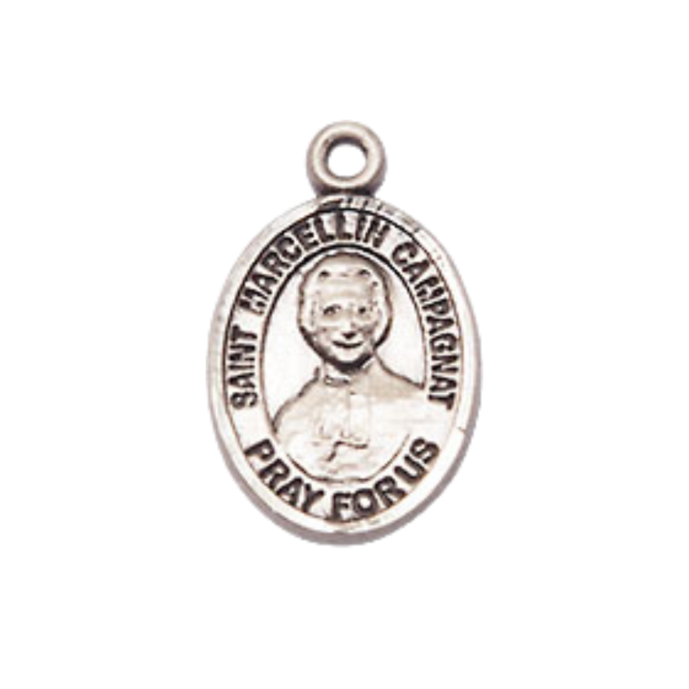Small Sized Pewter Saint St. Marcellin Champagnat Medal Pendant on 18 Inch Rhodium Plated Lite Curb Brass Chain with Lobster Claw Clasp, Catholic Religious Necklace - Made in USA- Velvet Gift Box