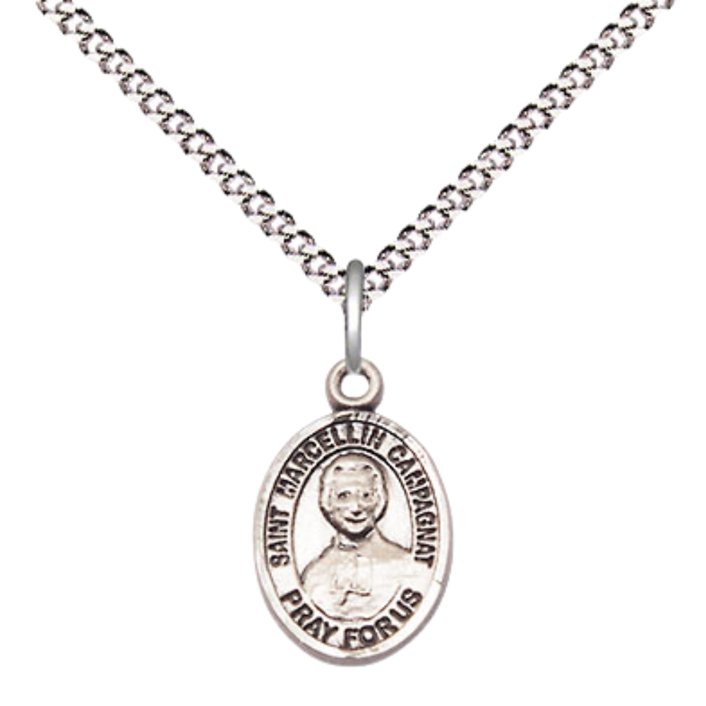 Small Sized Pewter Saint St. Marcellin Champagnat Medal Pendant on 18 Inch Rhodium Plated Lite Curb Brass Chain with Lobster Claw Clasp, Catholic Religious Necklace - Made in USA- Velvet Gift Box