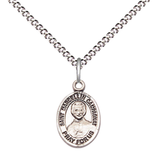 Small Sized Women's .925 Sterling Silver Saint St. Marcellin Champagnat Medal Pendant on 18 Inch Rhodium Plated Lite Curb Brass Chain w/ Lobster Claw Clasp, Catholic Religious Necklace - Made in USA- Velvet Gift Box