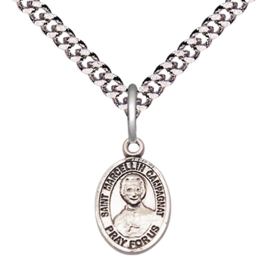 Small Sized Men's Pewter Saint St. Marcellin Champagnat Medal Pendant on 24 Inch Endless Rhodium Plated Heavy Curb Brass Chain, Catholic Religious Necklace - Made in USA- Deluxe Velvet Gift Box