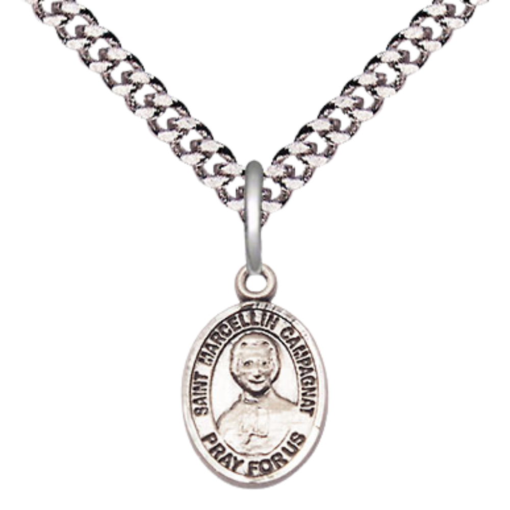 Small Sized Men's .925 Sterling Silver Saint St. Marcellin Champagnat Medal Pendant on 24 Inch Endless Rhodium Plated Heavy Curb Brass Chain, Catholic Religious Necklace - Made in USA- Deluxe Velvet Gift Box