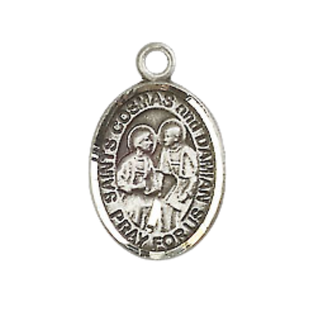 Small Sized Women's Pewter Saint St. s Cosmas & Damian Medal Pendant on 18 Inch Rhodium Plated Lite Curb Brass Chain with Lobster Claw Clasp, Catholic Religious Necklace - Made in USA- Velvet Gift Box