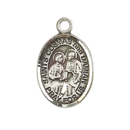 Small Sized Women's Pewter Saint St. s Cosmas & Damian Medal Pendant on 18 Inch Rhodium Plated Lite Curb Brass Chain with Lobster Claw Clasp, Catholic Religious Necklace - Made in USA- Velvet Gift Box
