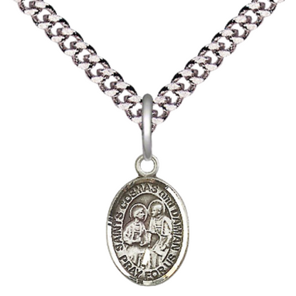 Small Sized Men's Pewter Saint St. s Cosmas & Damian Medal Pendant on 24 Inch Endless Rhodium Plated Heavy Curb Brass Chain, Catholic Religious Necklace - Made in USA- Deluxe Velvet Gift Box