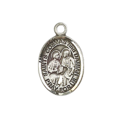 Small Sized Men's Pewter Saint St. s Cosmas & Damian Medal Pendant on 24 Inch Endless Rhodium Plated Heavy Curb Brass Chain, Catholic Religious Necklace - Made in USA- Deluxe Velvet Gift Box